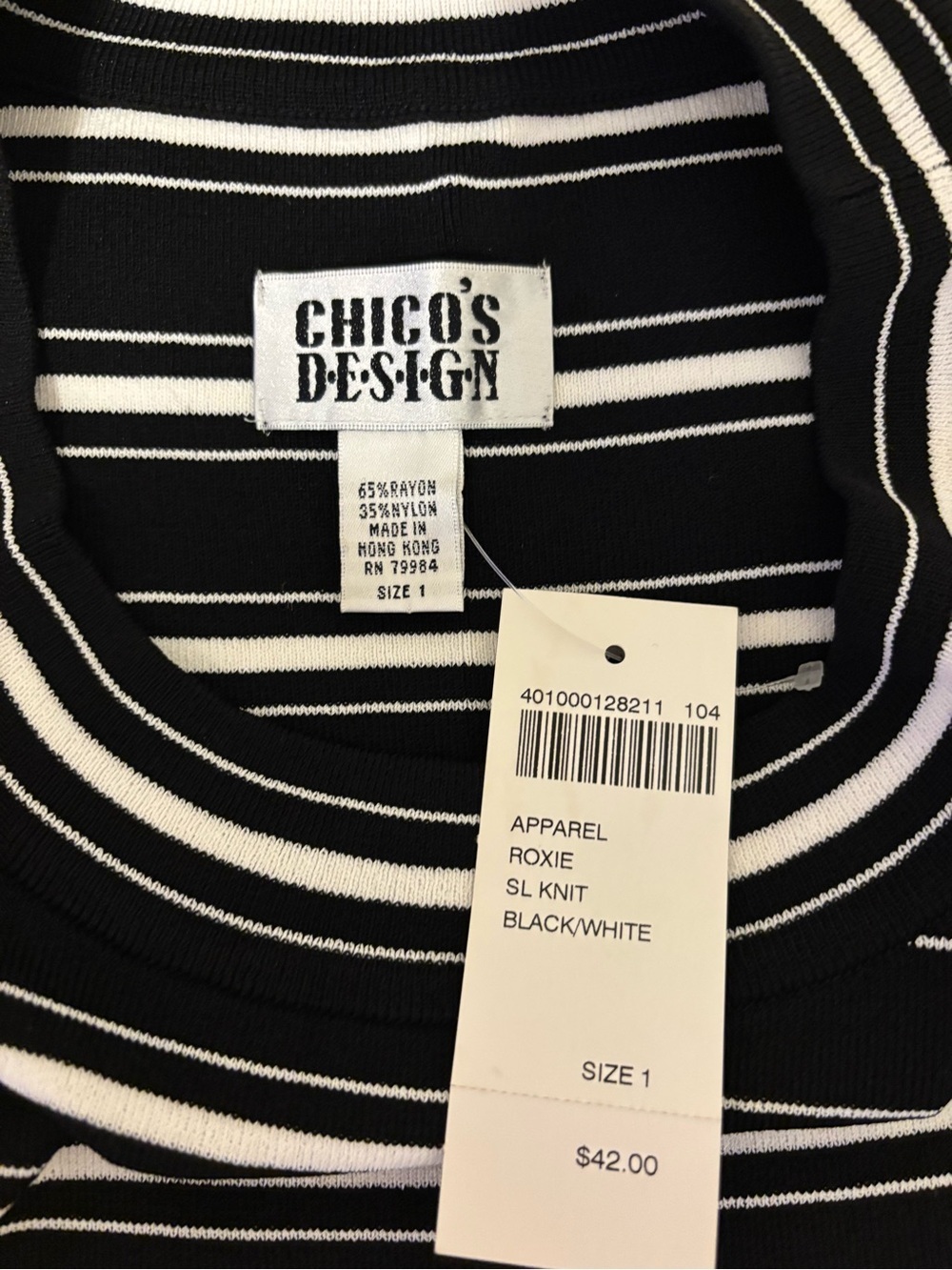 Vintage Chico’s Design Roxie Striped Sleeveless Knit Tank Top Size 1 Black White - Picture 2 of 8